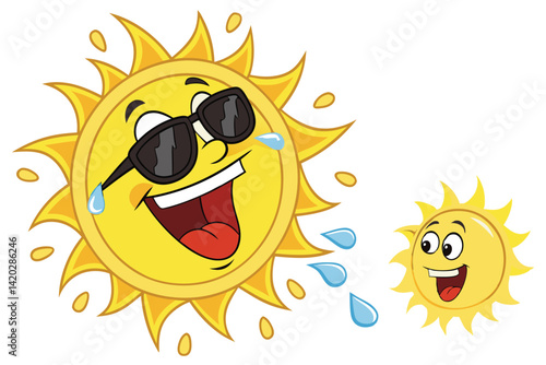 49 Sun emoji, cartoon sun, sunglasses, expressive faces, yellow, black shades, smiling sun, surprised sun, cool sun, happy sun, tongue out, sweating sun, 3D render, glossy, cheerful, summer vibes, vec