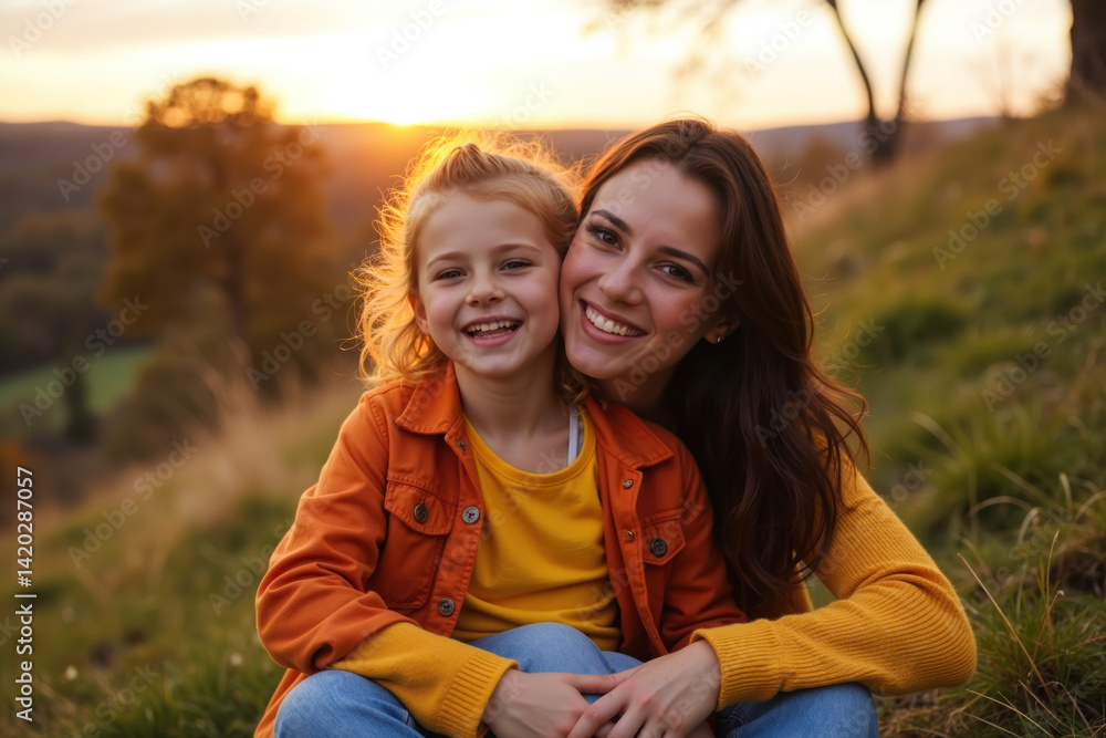 A heartwarming moment of a mother and daughter smiling happily together in a field during a beautiful sunset, surrounded by nature.
