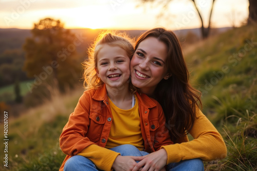 Obraz na płótnie A heartwarming moment of a mother and daughter smiling happily together in a field during a beautiful sunset, surrounded by nature. w salonie