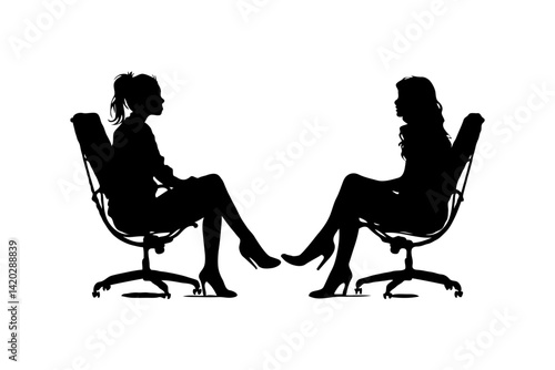 Two women sitting face-to-face in office chairs, silhouette style, white background. Concept of business meeting or interview. Concept of psychotherapy session