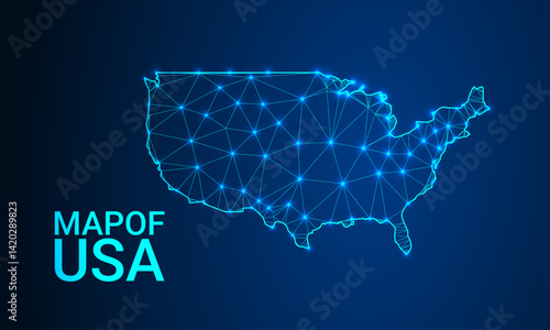 Low Poly USA Map with Glowing Dots – Futuristic Digital Technology Style on Blue Background