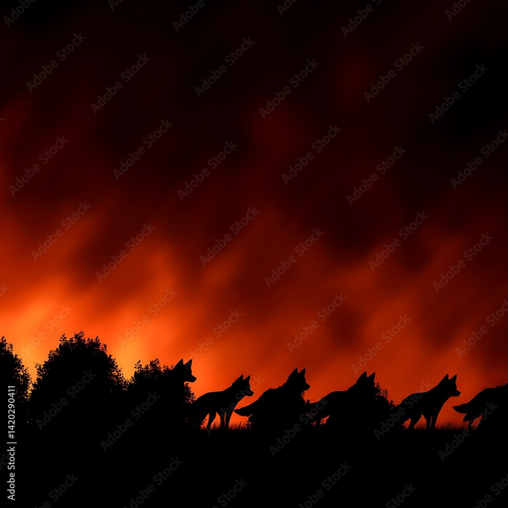Fototapeta premium Silhouette of Foxes in Wild Burning Sunset Sky Landscape Nature Wildlife Predator Animals Scene Dusk.