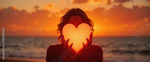 Person holding heart shape during sunset by the ocean  