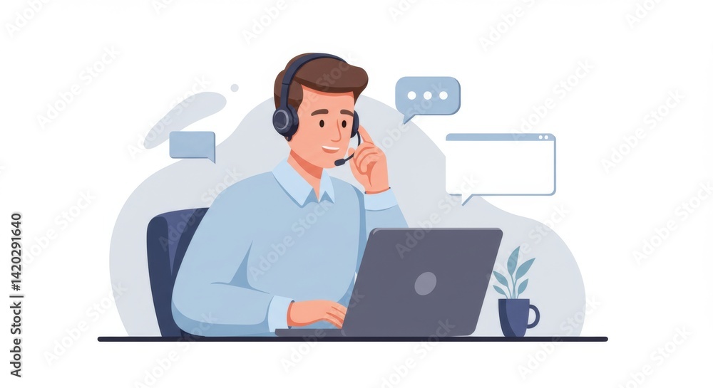 Customer support concept with smiling man using laptop and headset for communication and assistance Customer support concept with smiling man using laptop and headset for communication and assistance