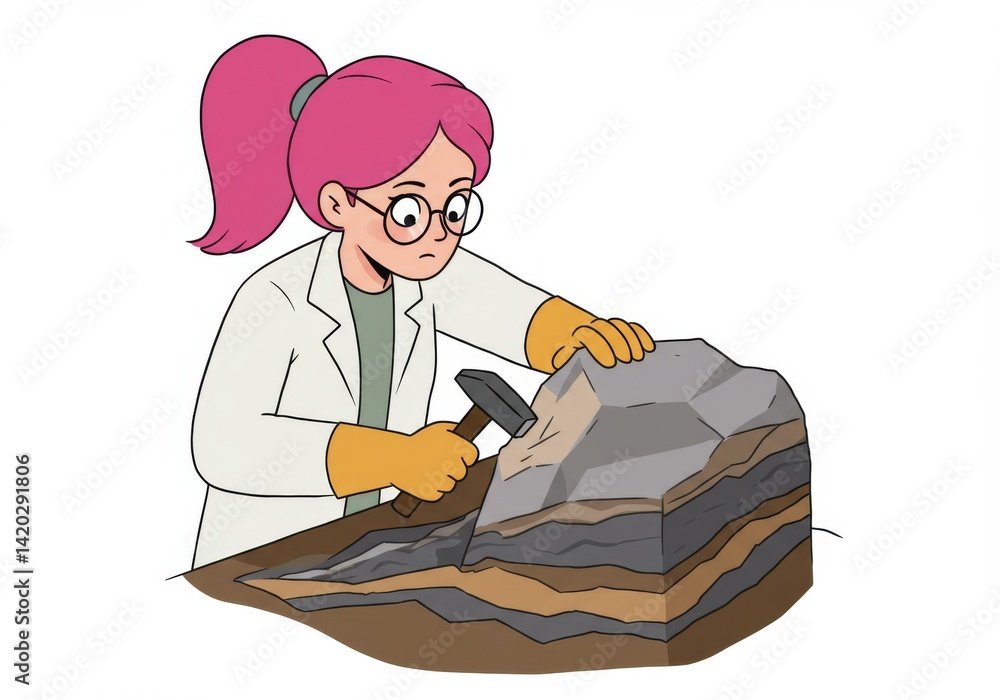 Young scientist with pink hair and glasses studying rock layers with hammer