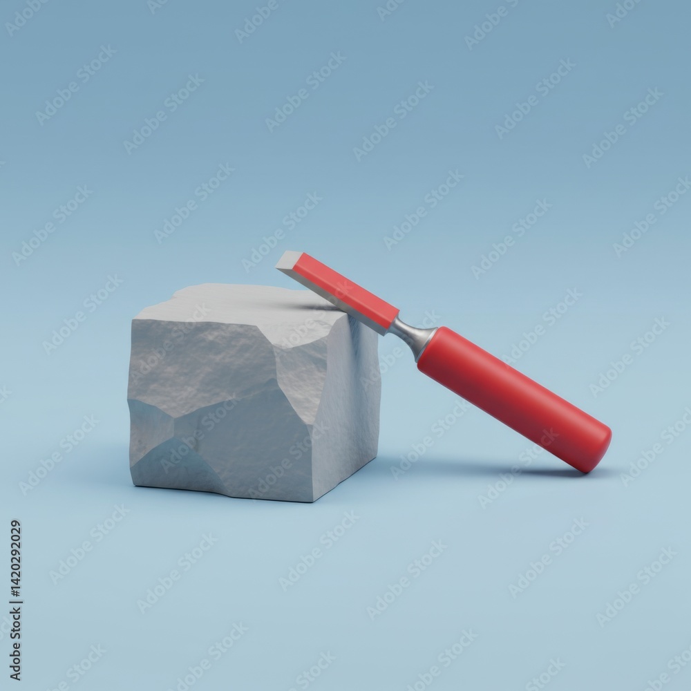 Art of sculpting concept with chisel and stone on blue background for creative design inspiration