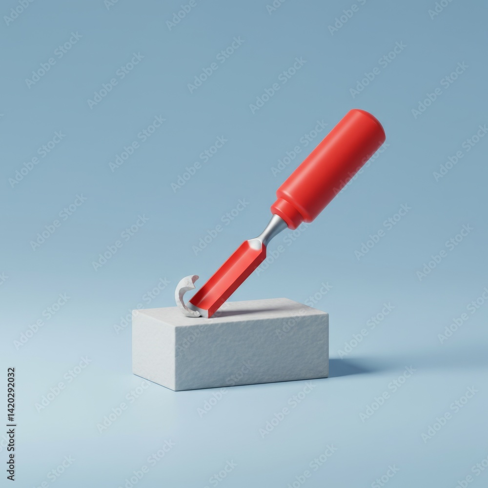 Surreal minimalist art with red screwdriver in white block against blue background for creative design concepts
