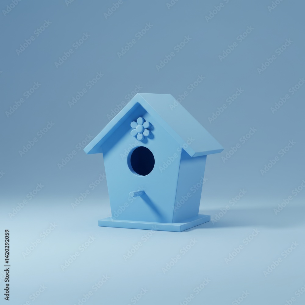 Minimalist blue birdhouse with decorative floral motif on pale blue background for modern design concepts