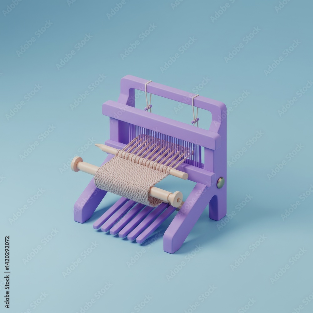 Pastel purple weaving loom against blue background for art and craft design