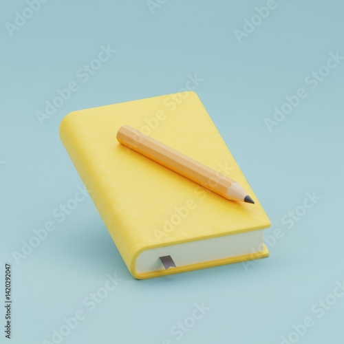 Obraz na płótnie Minimalistic yellow notebook and pencil on light blue background for creative design and inspiration w salonie