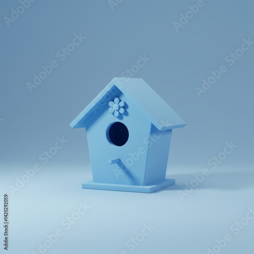 Obraz na płótnie Minimalist blue birdhouse with decorative floral motif on pale blue background for modern design concepts w salonie