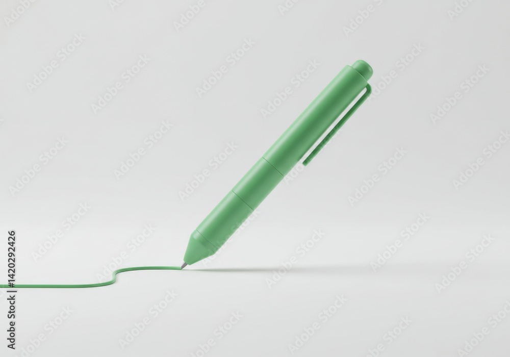 Minimalist concept of green pen drawing a line on white background for office and school design