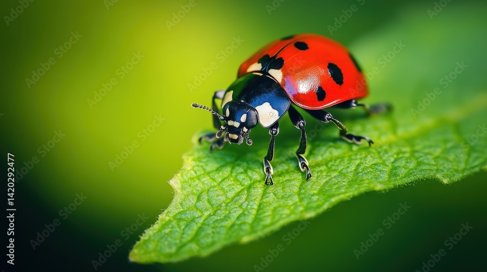 A Red And Black Ladybug Insect Perched On A Green Leaf A Red And Black Ladybug Insect Perched On A Green Leaf