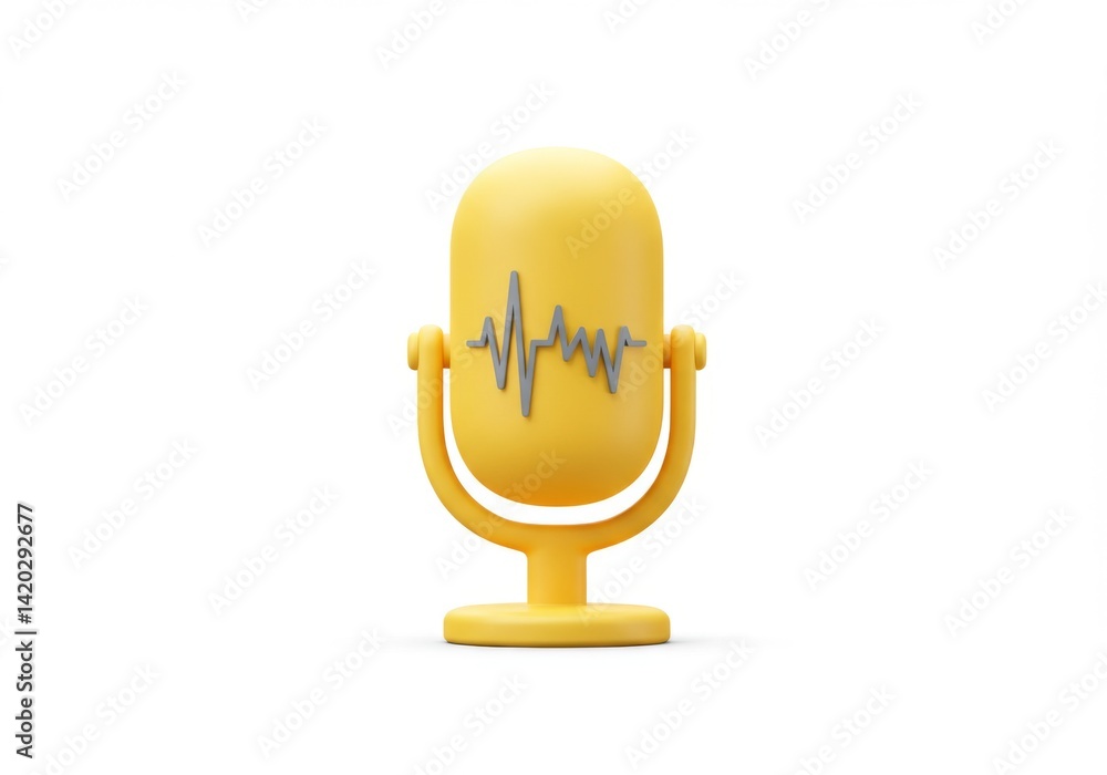 Minimalist yellow microphone with sound wave symbol on white background for audio design