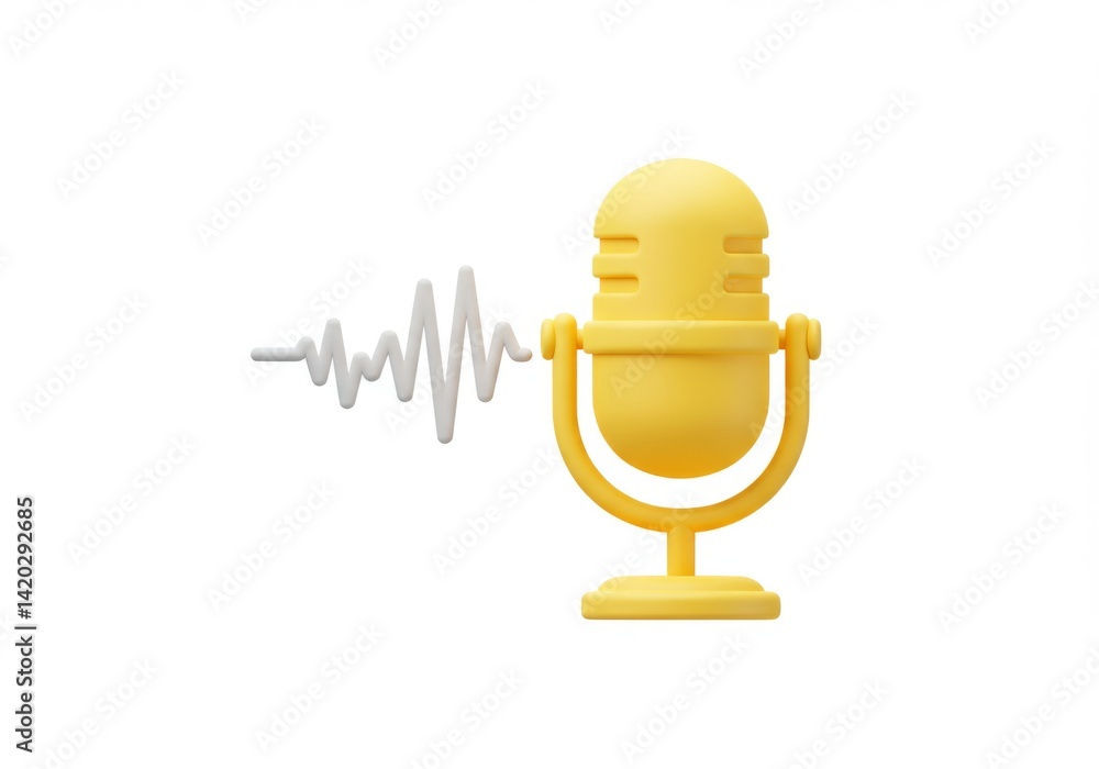 Yellow microphone with sound wave on white background for audio and podcast design