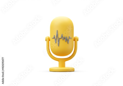 Minimalist yellow microphone with sound wave symbol on white background for audio design