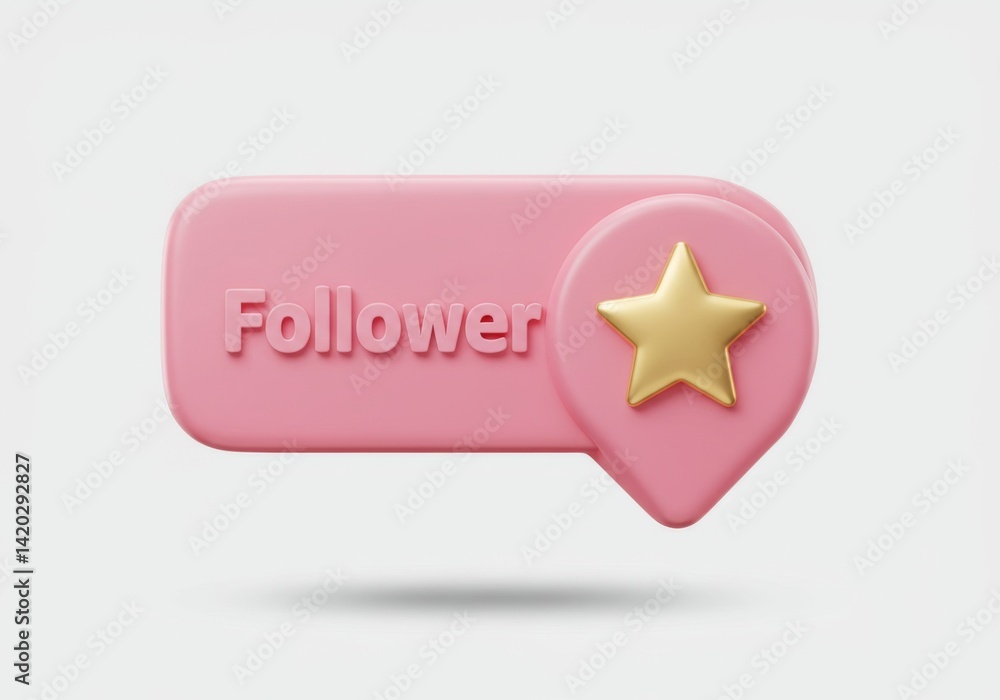 Social media follower concept with pink 3d speech bubble and gold star icon for online engagement design