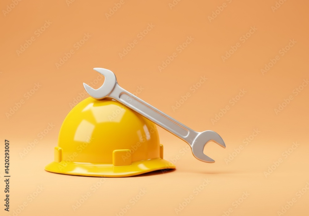 Construction tools concept with yellow hard hat and wrench on orange background for industrial design