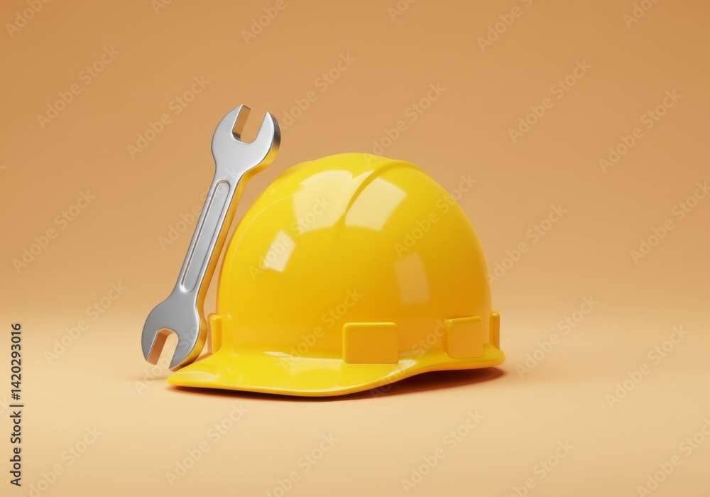 Construction work concept with yellow hard hat and wrench on orange background