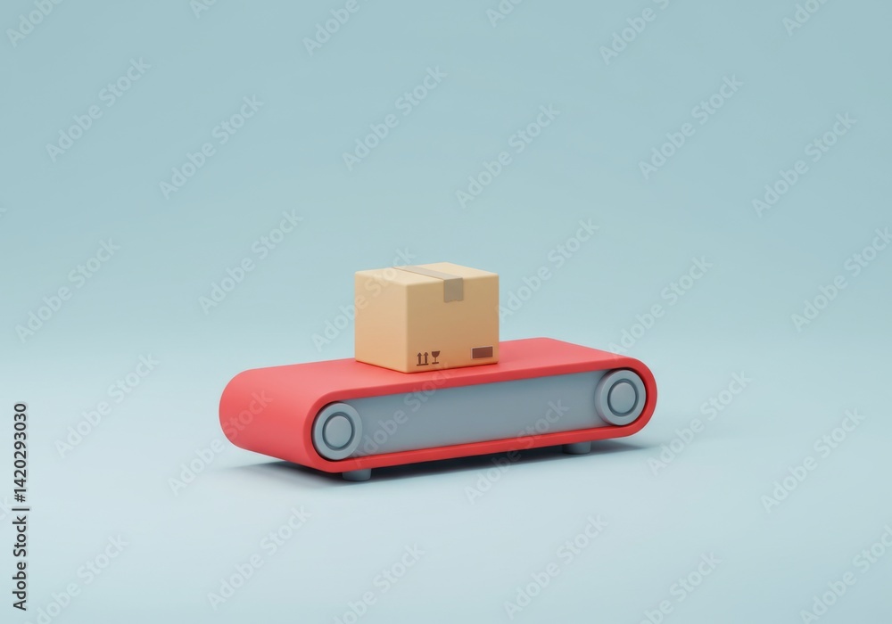 Minimalist conveyor belt with cardboard box on blue background for industrial design