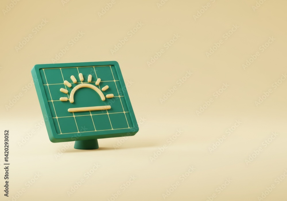 Green solar panel with sun symbol on minimal beige background for renewable energy awareness