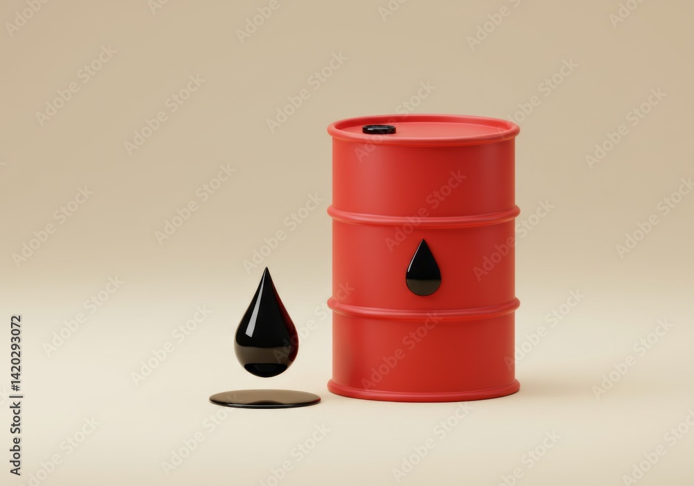 Red oil barrel with black droplet concept on beige background