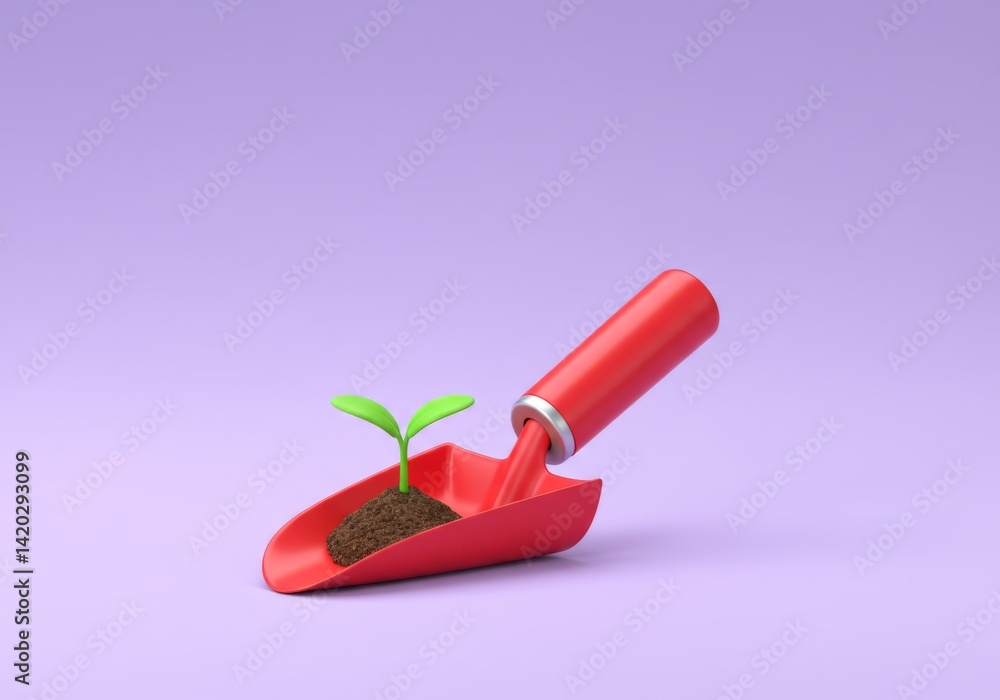 Gardening concept with red trowel and plant seedling on purple background