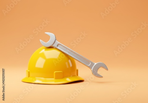 Obraz na płótnie Construction tools concept with yellow hard hat and wrench on orange background for industrial design w salonie