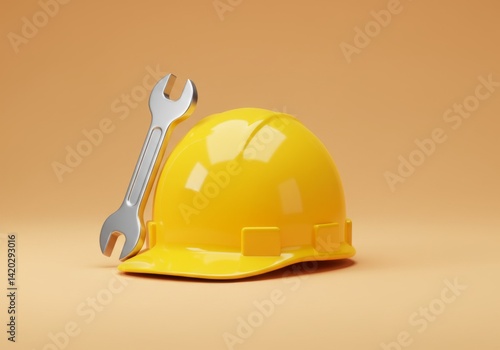 Obraz na płótnie Construction work concept with yellow hard hat and wrench on orange background w salonie