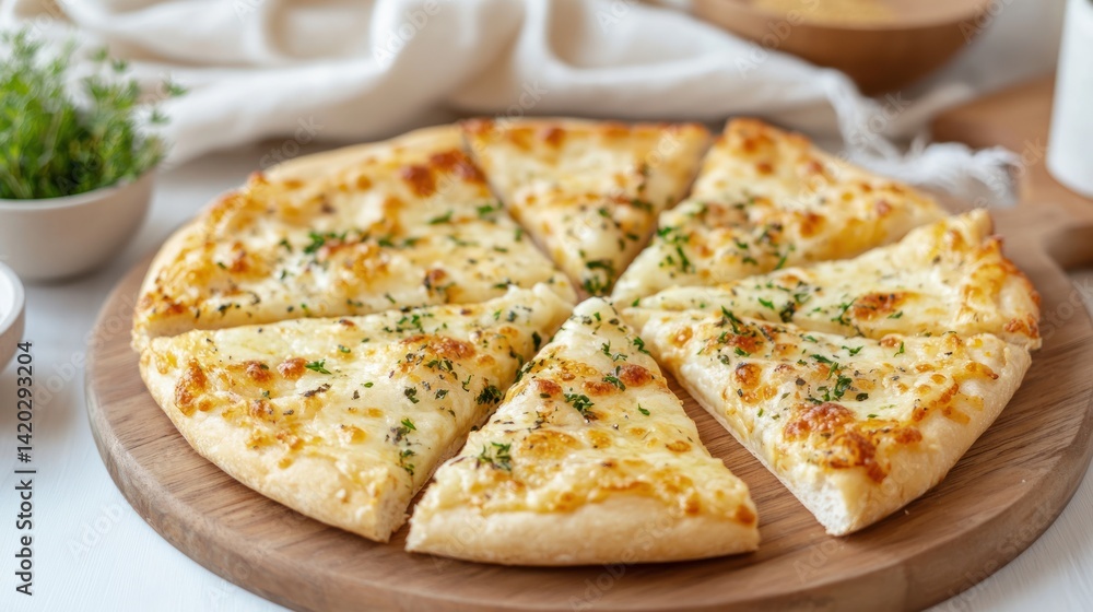 Freshly baked cheese pizza sliced on wooden board Freshly baked cheese pizza sliced on wooden board