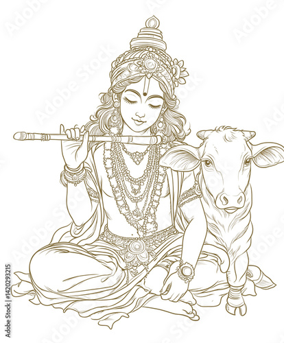 Simple line art drawing of Lord Krishna playing a flute with a cow sitting beside him isolated on a transparent background
