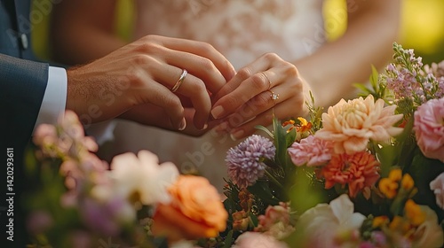 Close up of wedding ring exchange moment with hands holding bands above elegant flower arrangement and blurred officiant 