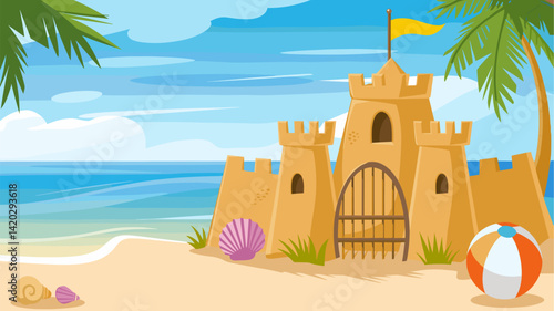 A vibrant and cheerful beach scene featuring a detailed sand castle, palm trees, seashells, and a beach ball. Perfect for summer themes and vacation illustrations.