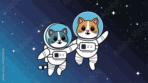 This playful vector illustration features two adorable cats dressed in astronaut suits, joyfully floating in space against a starry background. Perfect for children’s products or space-theme...