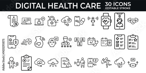 Smart Healthcare and Remote Monitoring Icons – Digital Health Reports, Wearables, Medical Billing, Cloud-Based Patient Care
