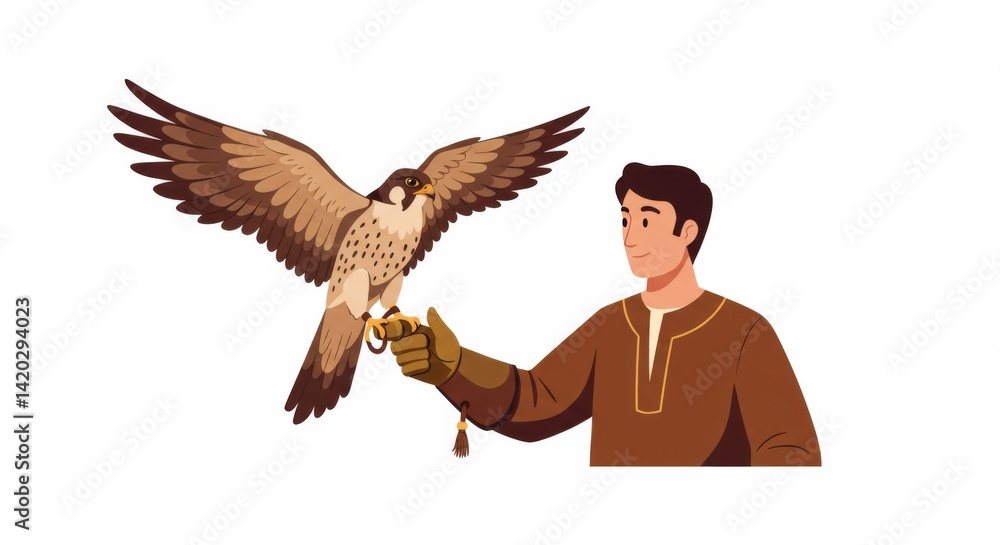 Falconry enthusiast with bird of prey on gloved hand in traditional attire for educational print design