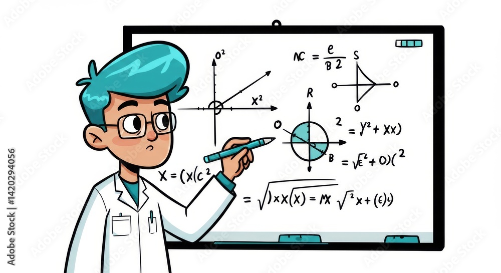 Young scientist presenting mathematical equations on whiteboard