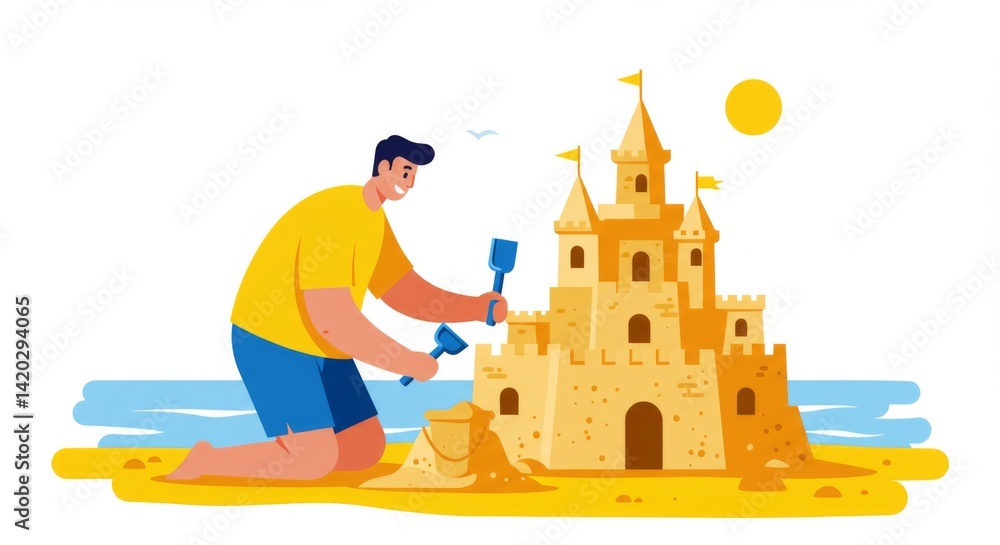 Man building sandcastle on a sunny beach day