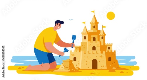 Obraz na płótnie Man building sandcastle on a sunny beach day w salonie