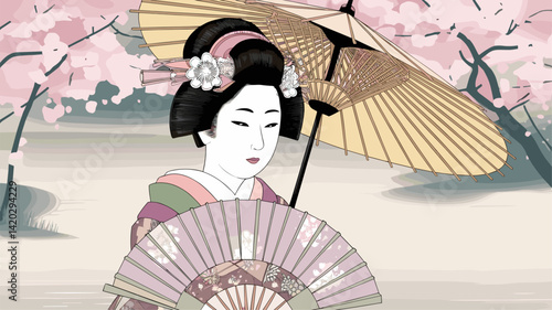 A serene vector illustration of a geisha holding a decorative fan and a traditional umbrella, surrounded by blooming cherry blossom trees. Captures Japanese culture and beauty.