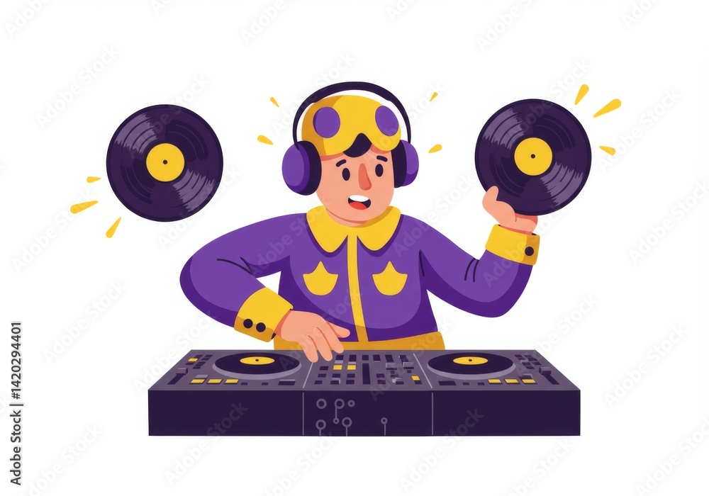 Vibrant dj spinning vinyl records in a colorful music party scene