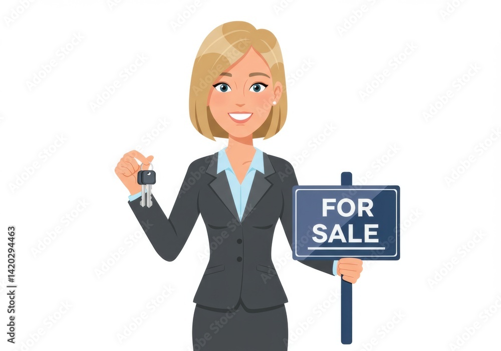 Real estate agent woman holding for sale sign and keys - professional property marketing concept
