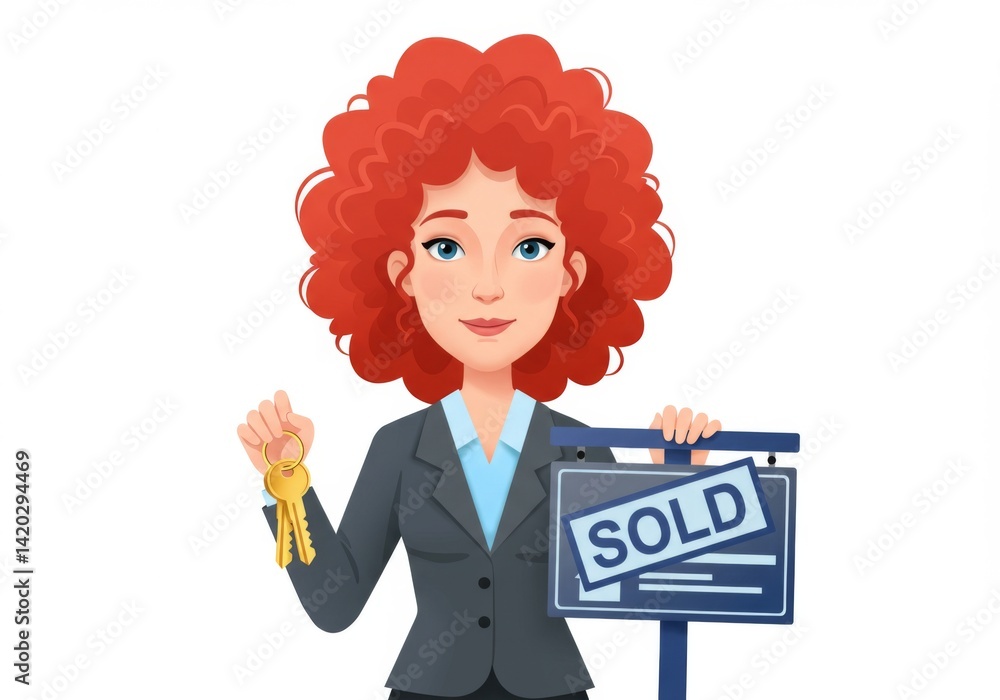 Real estate agent celebrating property sale with keys and sold sign