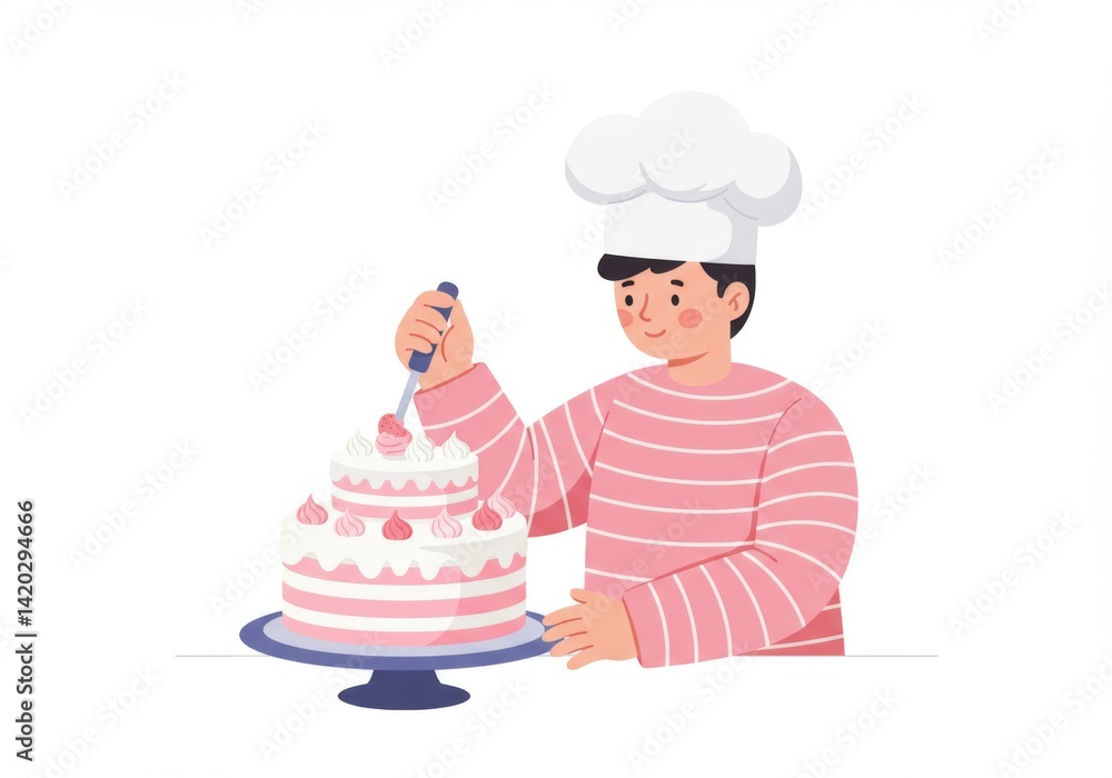 Baker decorating cake with piping frosting in chef hat and striped sweater