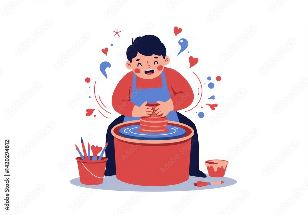 Happy potter crafting clay on pottery wheel with colorful tools and playful elements for art design
