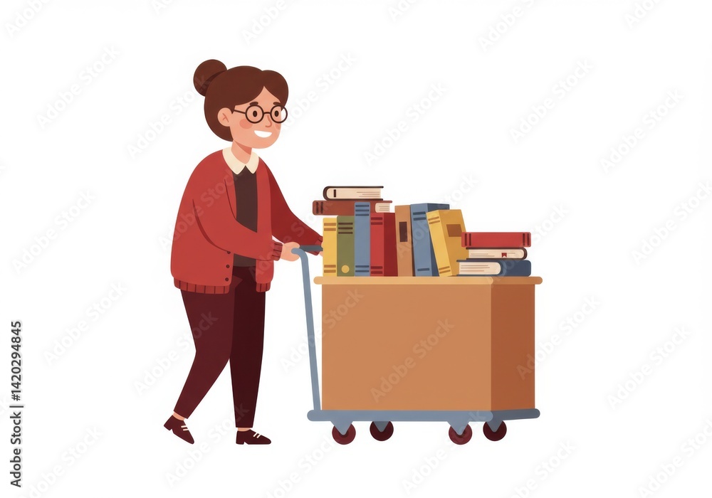 Librarian pushing book cart in library setting with smiling woman concept