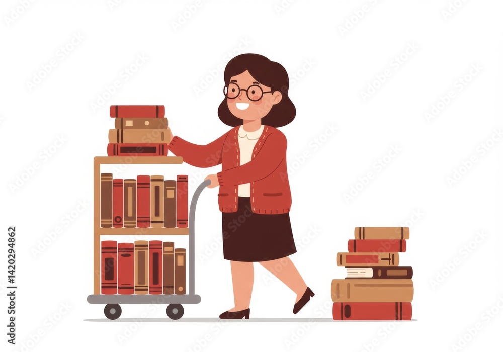 Librarian with book cart and stack of books in educational setting