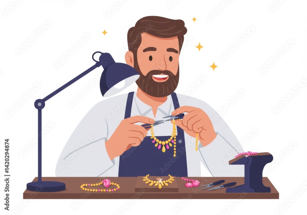 Jewelry maker crafting handmade necklaces and bracelets in workshop