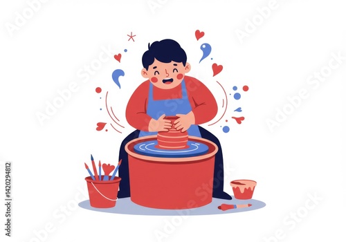 Obraz na płótnie Happy potter crafting clay on pottery wheel with colorful tools and playful elements for art design w salonie