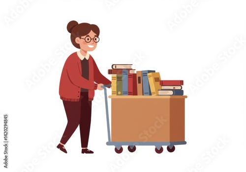 Obraz na płótnie Librarian pushing book cart in library setting with smiling woman concept w salonie